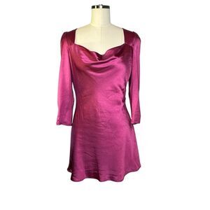 Lush Magenta Pink Satin Cowl Neck Long Sleeve Mini Dress | M